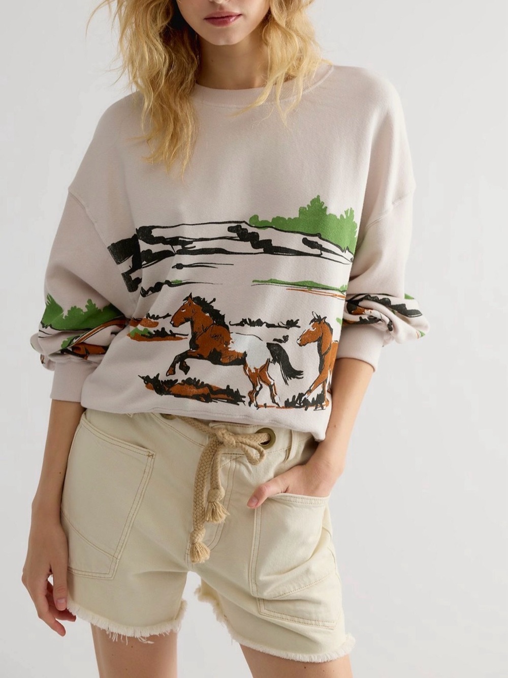 Daydreamer Free People Running Horses Oversized Crewneck Sweater Western Rare